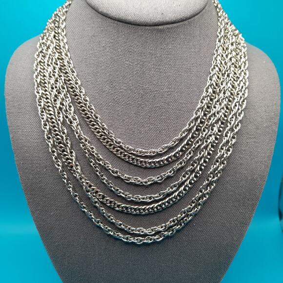 Vintage Lisner Silver Tone Chain Necklace, 7 Strands, Vintage Jewelry - Picture 2 of 10